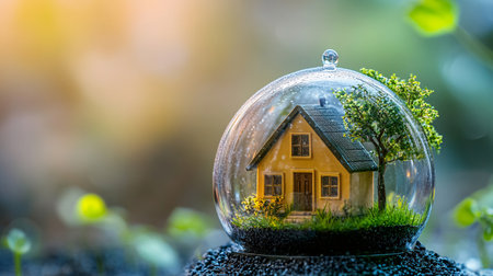 Miniature model of a house in a glass sphere. Eco friendly concept. 3D Rendering.の素材