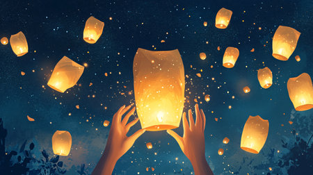 Hands holding paper lanterns floating in night sky. Mixed mediaの素材