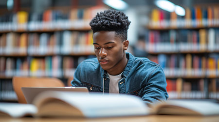 Serious african american male student studying in library at universityの素材