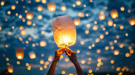Hands holding paper lanterns with bokeh background, chinese new year conceptの素材