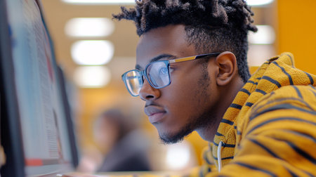 young african american man using computer at modern startup business officeの素材