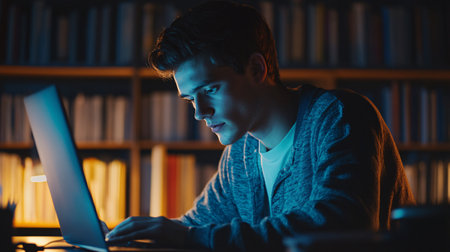 Portrait of a young man using a laptop in the library at nightの素材