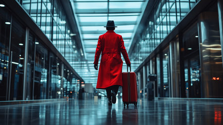 Woman in red coat and hat walking with red suitcase in airport.の素材