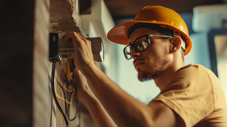 Portrait of young Caucasian male electrician in safety helmet and glasses working on electrical installation in workshop.の素材
