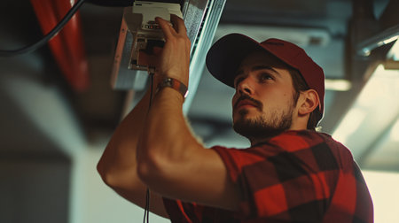 Portrait of a male plumber repairing the ceiling of a carの素材