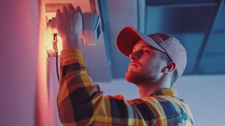 Electrician at work. Dark-haired young man wearing a cap and plaid shirt repairing the socketの素材