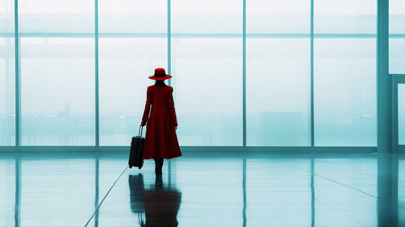 Silhouette of a woman in a red coat with a suitcase in the airportの素材