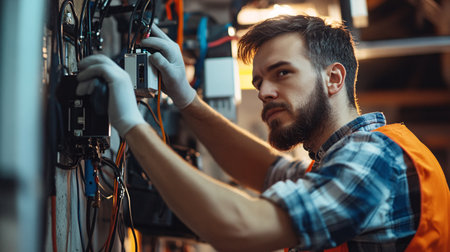 Portrait of a young bearded man working in a factory. He is using a computer.の素材