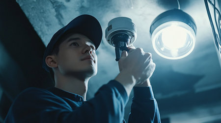 Young asian man in blue uniform repairing ceiling lamp at night.の素材