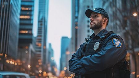 NYPD security guard in New York City. NYPD is the largest police force in the world.の素材