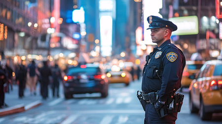 NYPD officer in Manhattan, New York City, USA. NYPD is the largest police force in the world.の素材
