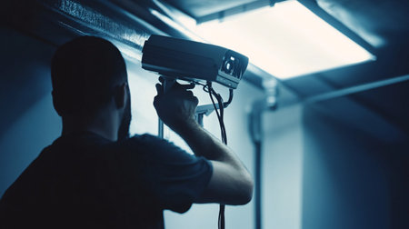 Security guard monitoring the movement of a man in a dark room.の素材