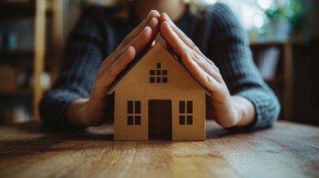 Woman hands holding wooden house model. Real estate and property concept.の素材