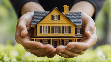 Woman hands holding house model. Real estate and property insurance concept.の素材
