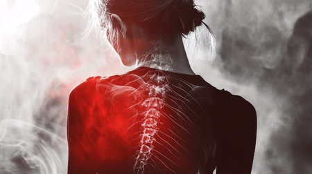 Digital composite of highlighted back of woman against black background with red smokeの素材