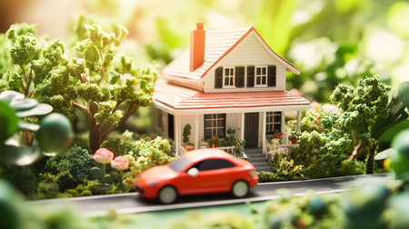 Miniature model house and red car on green nature background. real estate conceptの素材