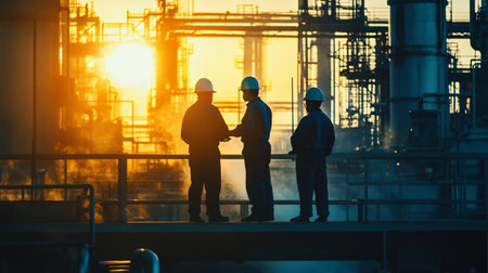 Engineer and Architect working on construction site with sunset light background.の素材