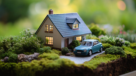 Miniature toy car and house on green background. Real estate conceptの素材