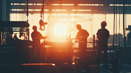 Silhouette of engineers working in oil and gas industrial plant.の素材
