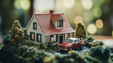 Miniature model house and red car on nature background. Real estate concept.の素材