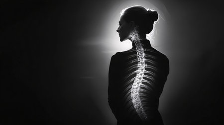 Digital composite of highlighted spine of woman with back pain in black and whiteの素材