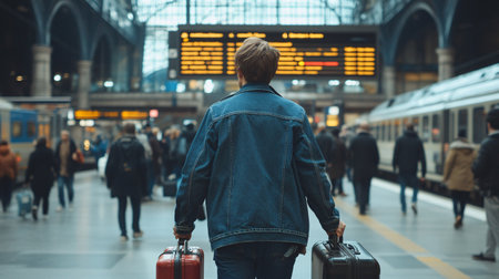 Young man with a suitcase waiting for a train at the station.の素材