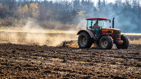 Tractor plowing the field with a tractor in the early springの素材