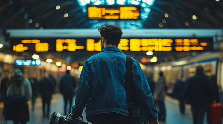 Rear view of a young man waiting for the train at the stationの素材