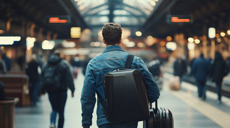 Rear view of a young man with a suitcase in a train stationの素材
