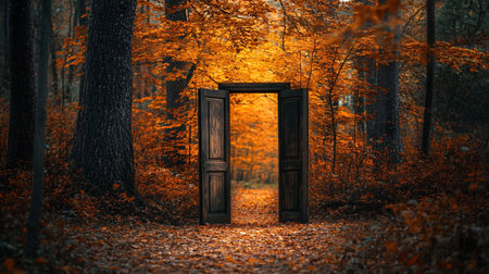 Open door in the autumn forest. Conceptual image. 3d renderingの素材