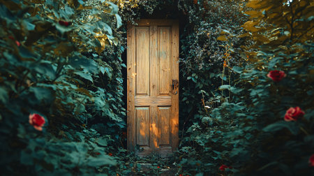 Wooden door in the garden. The entrance to the garden.の素材