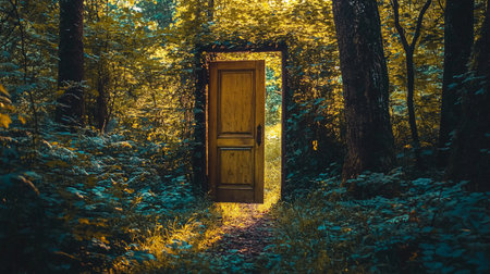 Wooden door in the forest at sunset. Concept of hope and freedom.の素材