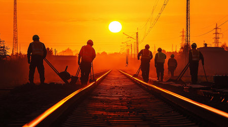 Railway workers at work on the background of the setting sun.の素材