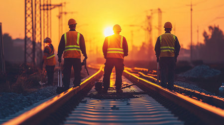 Team of engineers working on the railway track at sunset. Industrial backgroundの素材