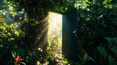 Wooden door in the garden with sunbeams coming through.の素材