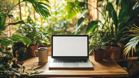 Laptop with blank screen and coffee cup on wooden table in cozy gardenの素材