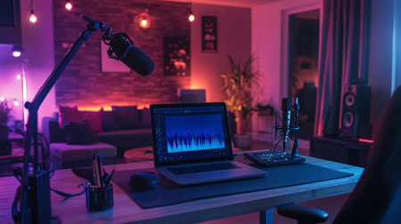 Professional microphone and laptop on table in recording studio at night time.の素材