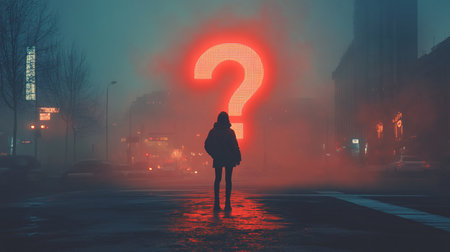 Silhouette of a young woman standing in the middle of a foggy street with a big question mark in her hand.の素材