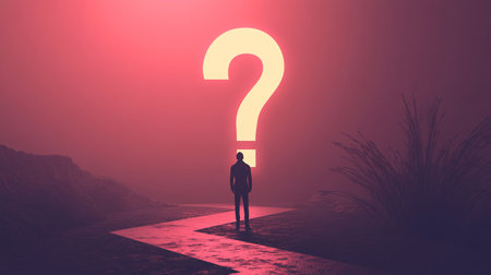Businessman standing on a path leading to a big question mark conceptの素材