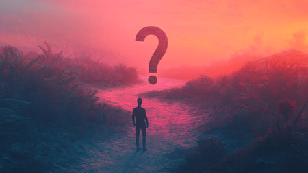 Conceptual image of a man with a question mark in the backgroundの素材