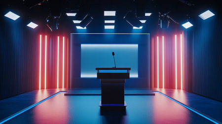 3d render of podium with microphones in dark room with neon lightsの素材