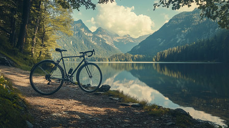 Bike on the shore of lake Obersee in Bavaria, Germanyの素材