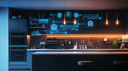 Kitchen interior with abstract glowing interface. Technology and home concept. 3D Renderingの素材