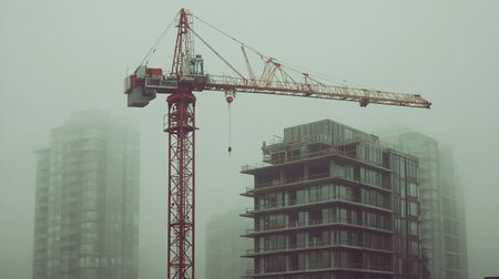 Construction site with cranes and buildings in a foggy day.の素材