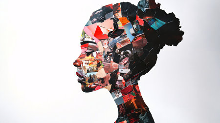 Abstract image of a man's head made of colorful paper pieces.の素材