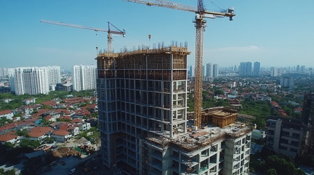 Aerial view of construction site with tower crane and building under constructionの素材