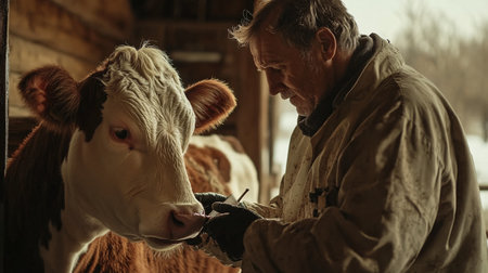 Veterinarian examining a cow at the animal farm. Selective focus.の素材