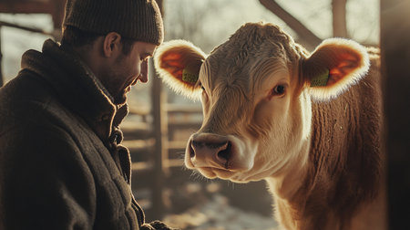 Young man and cow in the barn on a sunny winter day.の素材