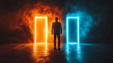 Businessman standing in front of door with light coming through it. Mixed mediaの素材