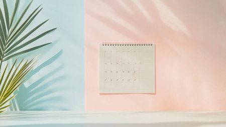 Calendar and palm leaf on pastel blue and pink background. 3d renderingの素材